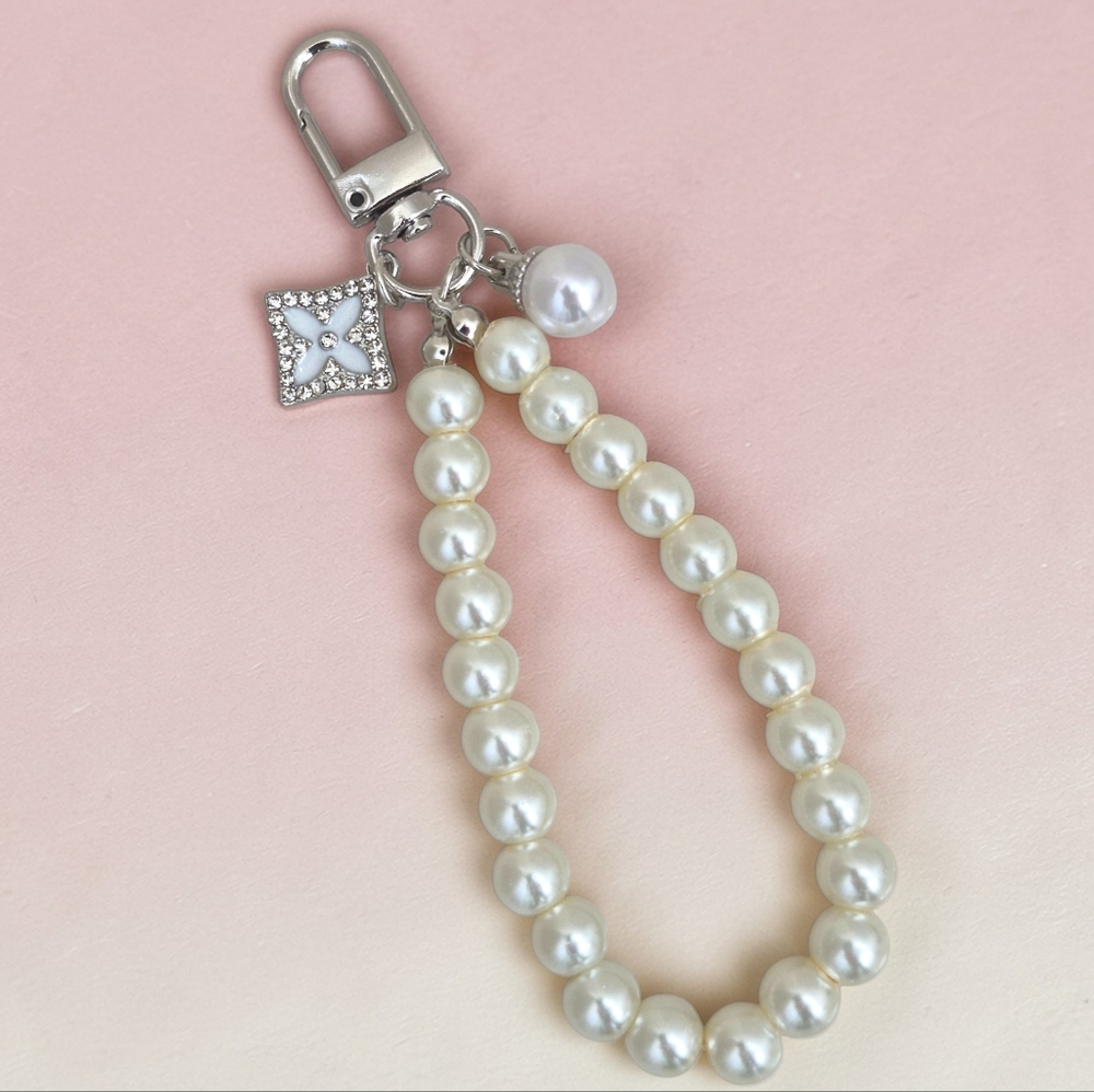 Elegant Pearl Bag Charm / Keychain with Silver Accents
